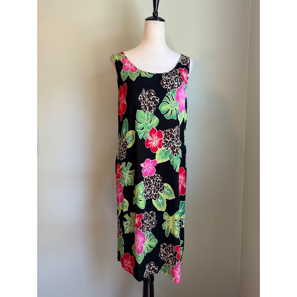 Slinky Tropical Floral Leopard Midi Dress Medium Black Pink Y2K tropical resort